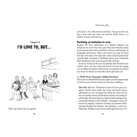 Two pages from "Sailor's Bluffing Bible" by Fernhurst Books: Left, Chapter 6 "'I’d Love To, But…’" with a cartoon of sailors talking; right, clever excuses for turning down sailing invites are listed.