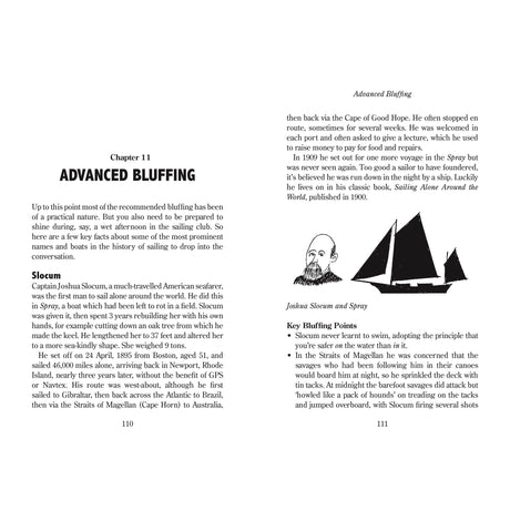Two pages from Fernhurst Books’ Sailor's Bluffing Bible reveal advanced bluffing in sailing: one introduces the topic, while the other features Joshua Slocum with Spray, celebrating his solo voyage and bluffing expertise.