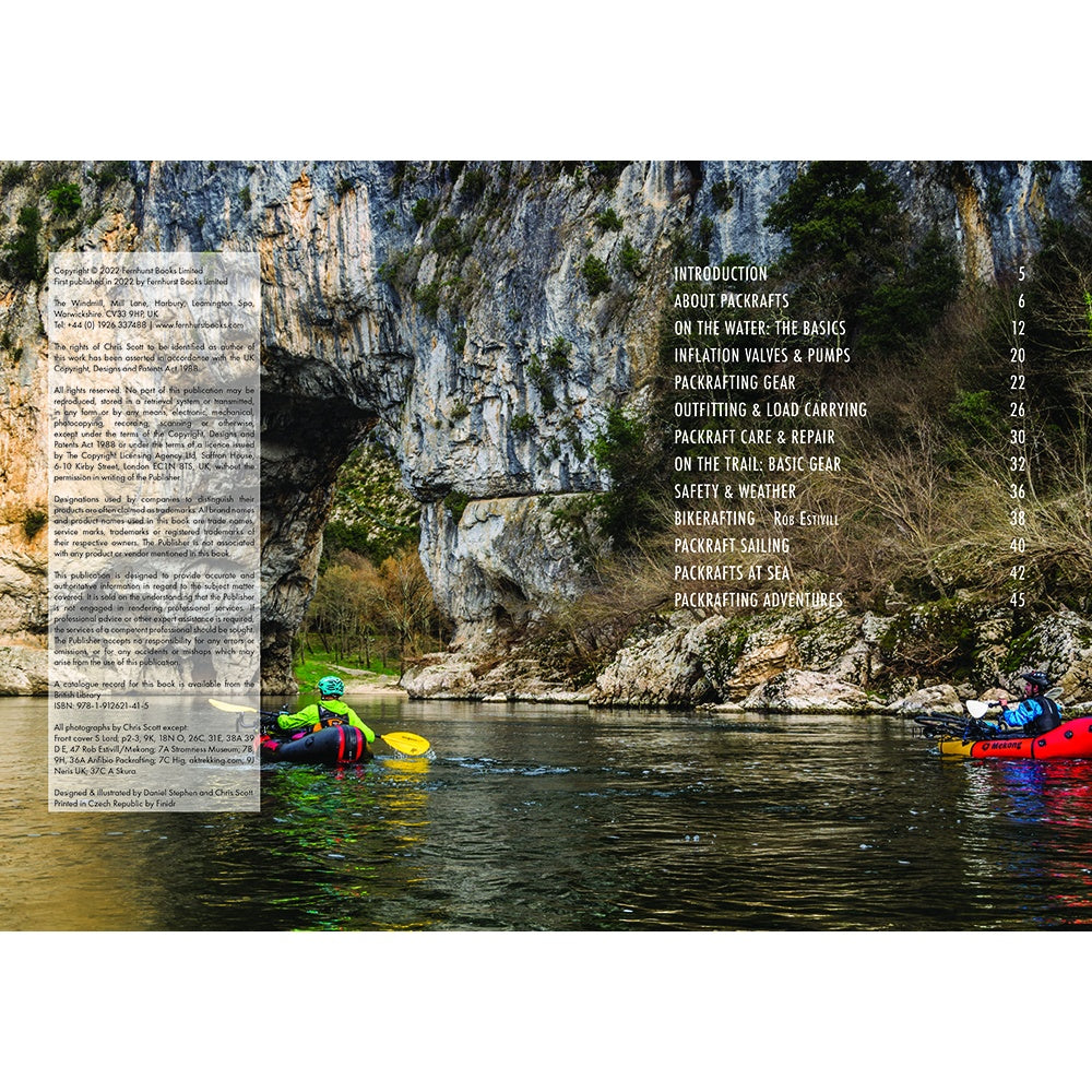 Two people in colorful packrafts paddle on a calm river with rocky cliffs and greenery. Overlaid text shows the table of contents for "Packrafting: A Beginner's Guide" by Fernhurst Books.