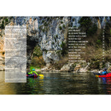 Two people in colorful packrafts paddle on a calm river with rocky cliffs and greenery. Overlaid text shows the table of contents for "Packrafting: A Beginner's Guide" by Fernhurst Books.