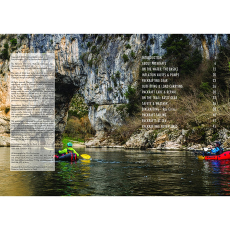 Two people in colorful packrafts paddle on a calm river with rocky cliffs and greenery. Overlaid text shows the table of contents for "Packrafting: A Beginner's Guide" by Fernhurst Books.