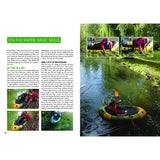 Fernhurst Books’ "Packrafting: A Beginner's Guide" features a magazine spread with text and three photos of kayak prep on grass, plus a large photo of packrafting on a calm, tree-lined river.
