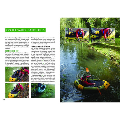Fernhurst Books’ "Packrafting: A Beginner's Guide" features a magazine spread with text and three photos of kayak prep on grass, plus a large photo of packrafting on a calm, tree-lined river.