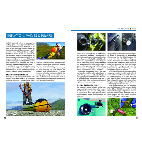 Packrafting: A Beginner's Guide by Fernhurst Books features tips, gear photos, valve close-ups, a person inflating a packraft, and scenic landscapes—perfect for beginners learning about packrafts and inflation techniques.