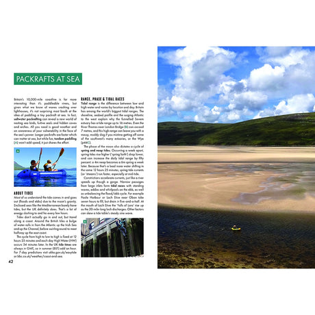 A magazine spread features "Packrafting: A Beginner's Guide" by Fernhurst Books, with tips and photos—one showing two people kayaking, the other a yellow packraft on a sandy shore beneath a blue sky with scattered clouds.