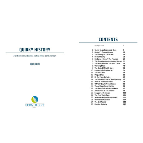 The title page and table of contents of "Quirky History" by Fernhurst Books reveal 22 illustrated chapters packed with entertaining and unusual maritime history rarely found in other books.