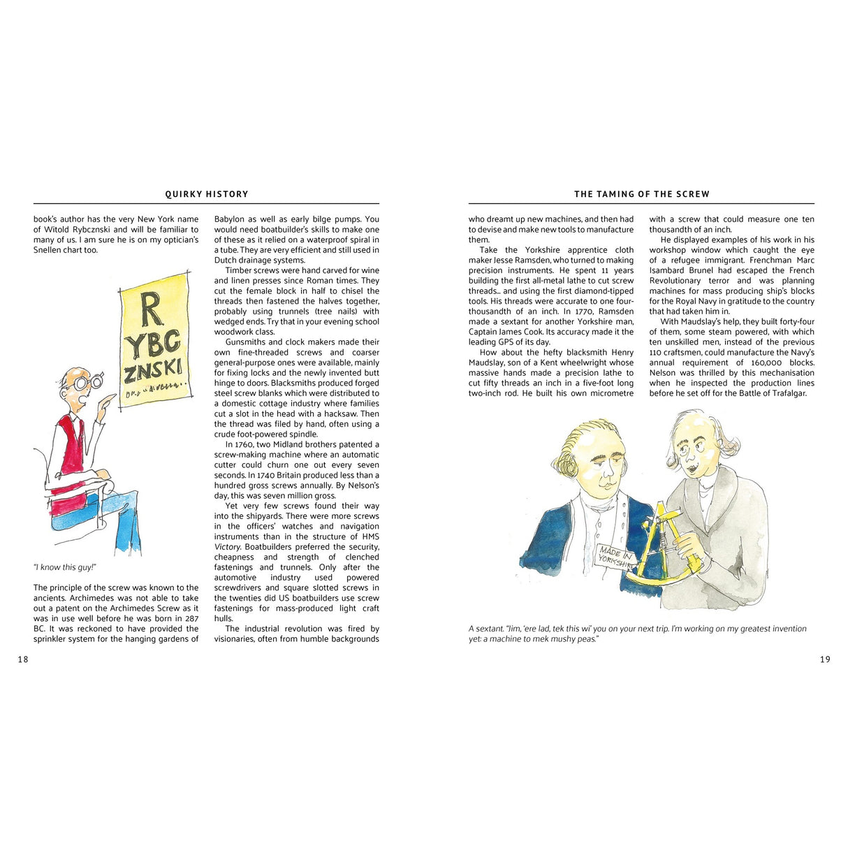 Two pages from "Quirky History" by Fernhurst Books: Left shows a character beside a Polish city sign, right features historical cartoons—one man with a golden screw, another measuring it. Text blocks are on both illustrated pages.