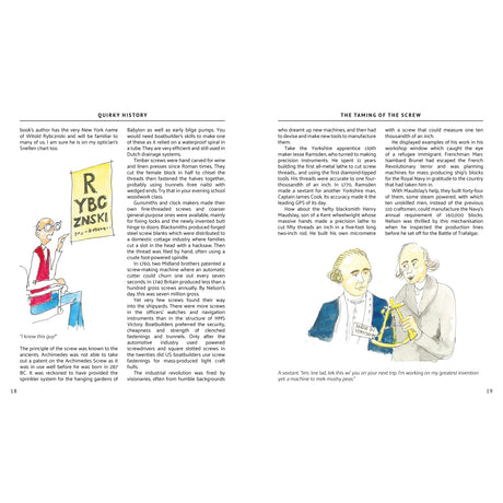 Two pages from "Quirky History" by Fernhurst Books: Left shows a character beside a Polish city sign, right features historical cartoons—one man with a golden screw, another measuring it. Text blocks are on both illustrated pages.