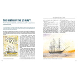 A two-page Quirky History spread by Fernhurst Books, titled "The Birth of the US Navy," with maritime history text and an old book cover on the left, plus an early US Navy ship illustration on the right.