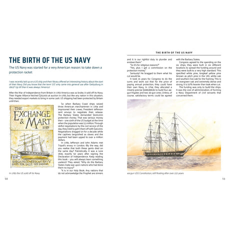 A two-page Quirky History spread by Fernhurst Books, titled "The Birth of the US Navy," with maritime history text and an old book cover on the left, plus an early US Navy ship illustration on the right.