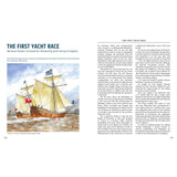 A watercolor of two historic sailing yachts racing at sea with crew on deck, featured in Fernhurst Books' "Quirky History." Magazine text nods to maritime heritage: “King or no, the windward boat keeps clear.”.