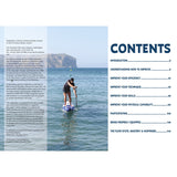 A person in a blue shirt and hat demonstrates SUP technique on calm coastal waters. On the right, the contents page of "Improving Your Stand Up Paddleboarding" by Fernhurst Books lists chapters and page numbers.