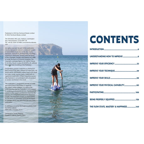 A person in a blue shirt and hat demonstrates SUP technique on calm coastal waters. On the right, the contents page of "Improving Your Stand Up Paddleboarding" by Fernhurst Books lists chapters and page numbers.