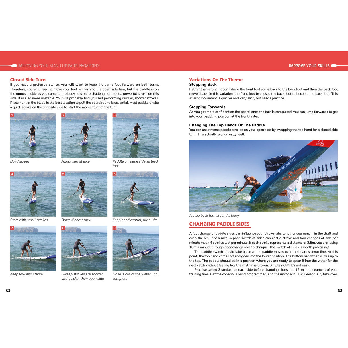 Improving Your Stand Up Paddleboarding from Fernhurst Books features step-by-step images of a woman doing a closed side turn, showing stance and paddle adjustments, plus detailed guidance on SUP technique variations and switching paddle sides.