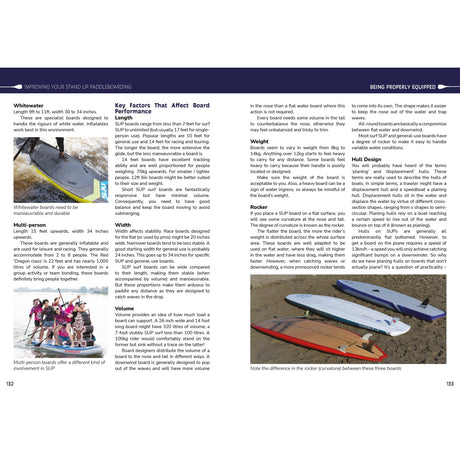 Fernhurst Books’ "Improving Your Stand Up Paddleboarding" offers an informative spread with text, charts, and tips on SUP technique and fitness, plus whitewater, multi-person, and touring paddleboards shown side by side on grass.