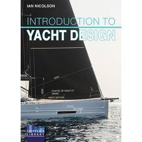 Book cover for "Introduction To Yacht Design" by Fernhurst Books, showing a modern yacht's side with design measurements labeled, ideal for novice boat designers, and blue and white overlaid text.