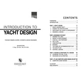 The contents page of "Introduction To Yacht Design" by Fernhurst Books covers basics for new boat designers and owners, including starting out, yacht design, computer-aided design, glossary, and bibliography.