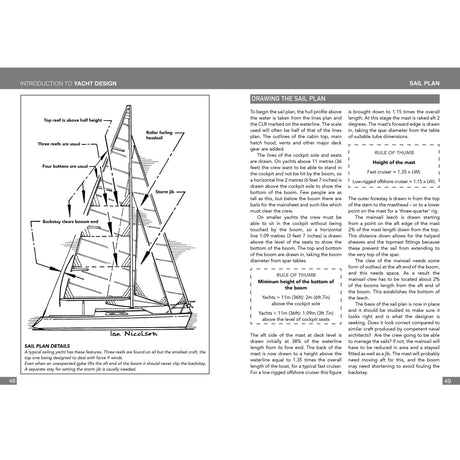 A diagram of a sailboat with labeled parts and a step-by-step sail plan guide—with text and measurements—make Fernhurst Books’ Introduction To Yacht Design ideal for novice boat designers exploring yacht creation.