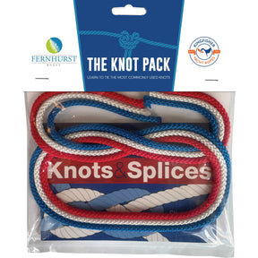 Knot Pack by Fernhurst Books: a set of red, white, and blue ropes for learning popular knots, ideal for sailing gifts. "Knots & Splices" text and Fernhurst Books logo feature on the packaging.