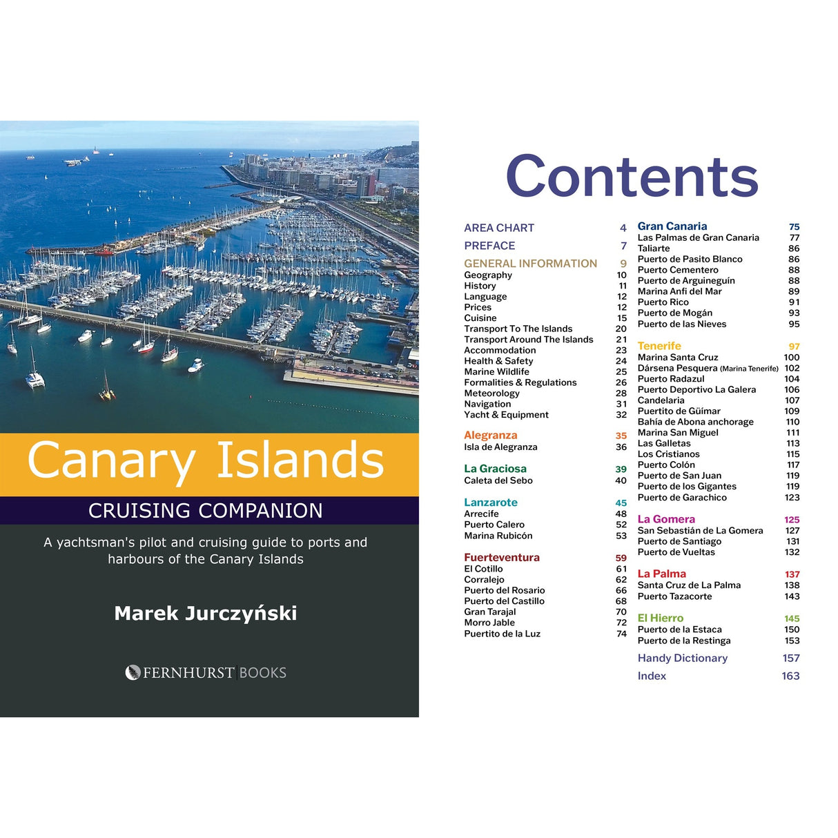 The "Canary Islands Cruising Companion" by Fernhurst Books features a cover with an aerial marina view. Its contents page details sections and ports of the Canary Islands, making it an ideal sailing companion and trusted pilot guide.