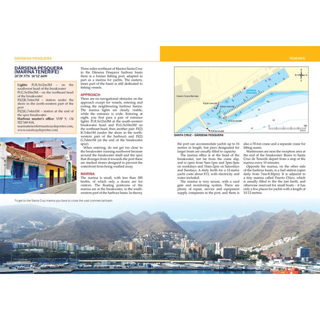The Canary Islands Cruising Companion by Fernhurst Books is your sailing guide, featuring text, a Dársena Pesquera marina map with facilities, a coastline diagram, and photos of vibrant houses and Santa Cruz marina.