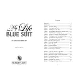 The contents page of "My Life In A Blue Suit" from Fernhurst Books shows the title and author on the left, with chapters on early years, Navy service, British sailing, Olympic coaching, and more on the right.