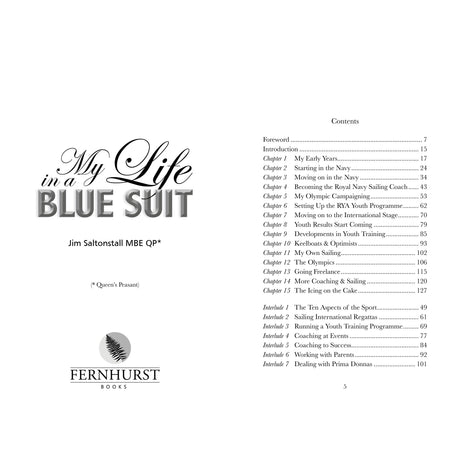 The contents page of "My Life In A Blue Suit" from Fernhurst Books shows the title and author on the left, with chapters on early years, Navy service, British sailing, Olympic coaching, and more on the right.
