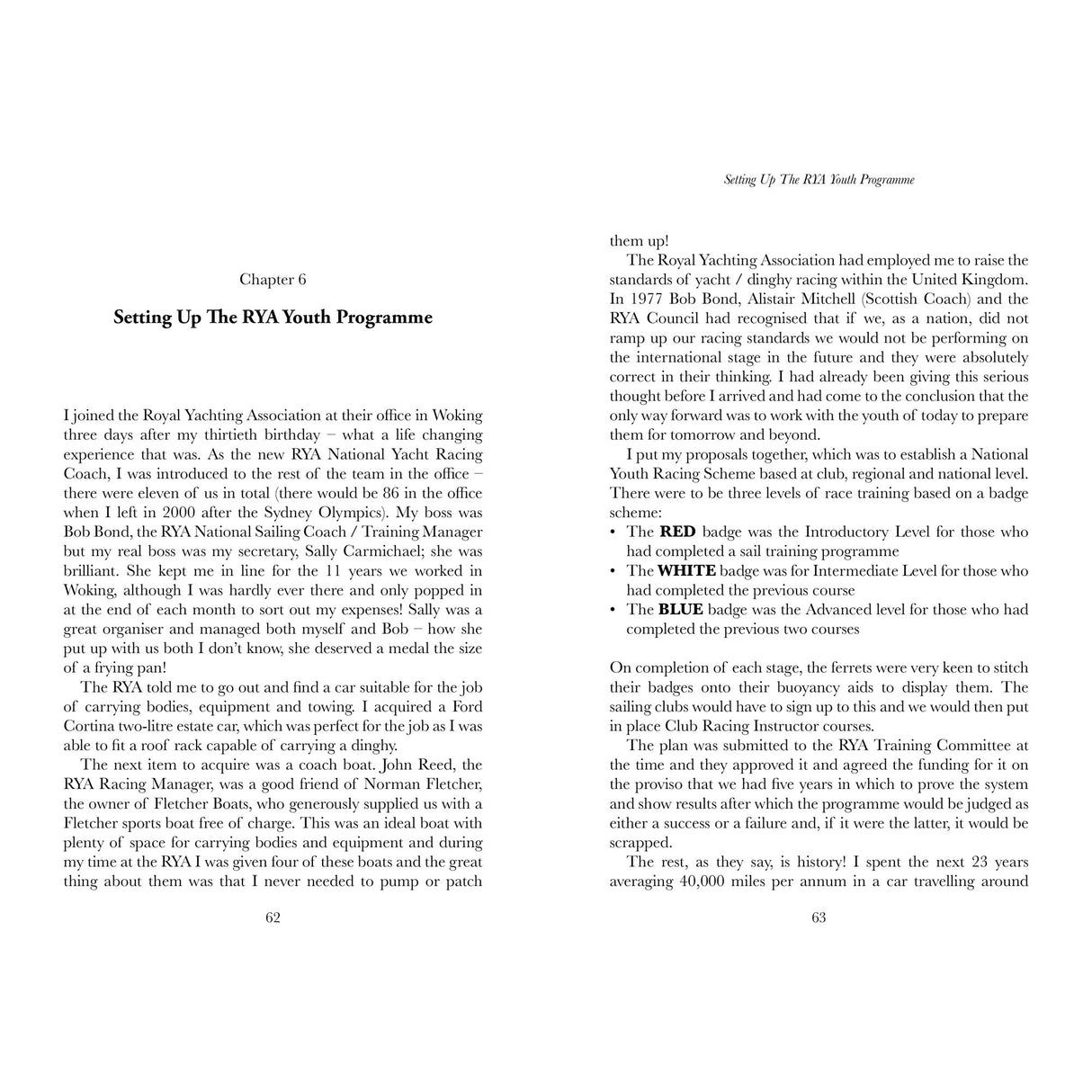 An open book displays Chapter 6 of "My Life In A Blue Suit" by Fernhurst Books, sharing Jim Saltonstall’s experiences as an Olympic sailing coach, his influence on British sailing, and personal stories of challenges and achievements.