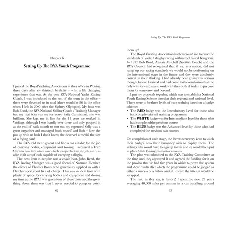 An open book displays Chapter 6 of "My Life In A Blue Suit" by Fernhurst Books, sharing Jim Saltonstall’s experiences as an Olympic sailing coach, his influence on British sailing, and personal stories of challenges and achievements.