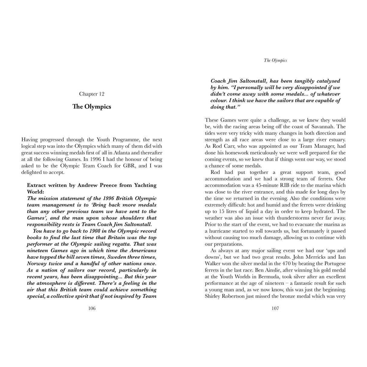 A two-page spread from Fernhurst Books’ "My Life In A Blue Suit": Left—Chapter 12, "The Olympics," covers Team GBR sailing prep, goals, and a Yachting World quote. Right—Jim Saltonstall shares Olympic sailing emotions and insights.