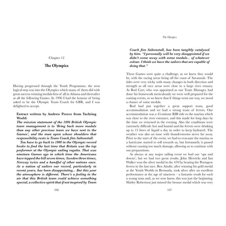 A two-page spread from Fernhurst Books’ "My Life In A Blue Suit": Left—Chapter 12, "The Olympics," covers Team GBR sailing prep, goals, and a Yachting World quote. Right—Jim Saltonstall shares Olympic sailing emotions and insights.