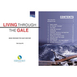 Book cover for "Living Through The Gale" by Tom Cunliffe, published by Fernhurst Books, shows a boat battling rough seas with oars visible in the foreground and includes a table of contents on heavy weather sailing and safety.