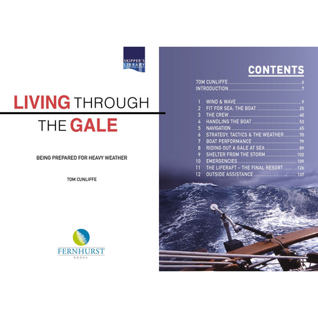 Book cover for "Living Through The Gale" by Tom Cunliffe, published by Fernhurst Books, shows a boat battling rough seas with oars visible in the foreground and includes a table of contents on heavy weather sailing and safety.