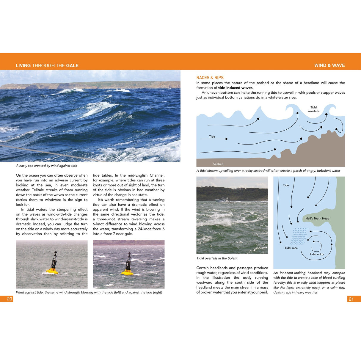 Living Through The Gale by Fernhurst Books features a wind-agitated sea photo, diagrams of tide races and tidal overfalls, and visuals of wind opposing tide—crucial for maritime safety and heavy weather sailing.