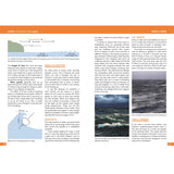 Fernhurst Books’ "Living Through The Gale" details how wind impacts waves, with diagrams of wave patterns, a boat in rough seas, and ocean photos—from calm to stormy—plus tide info and maritime safety tips for sailing in severe weather.