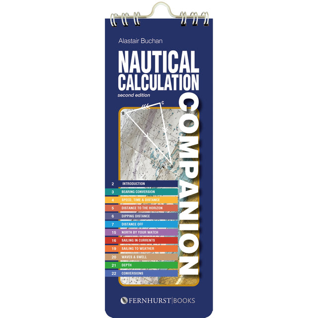Nautical Calculation Companion" by Fernhurst Books is a blue, spiral-bound booklet featuring a cover map with traditional navigation markings and a colorful contents list.