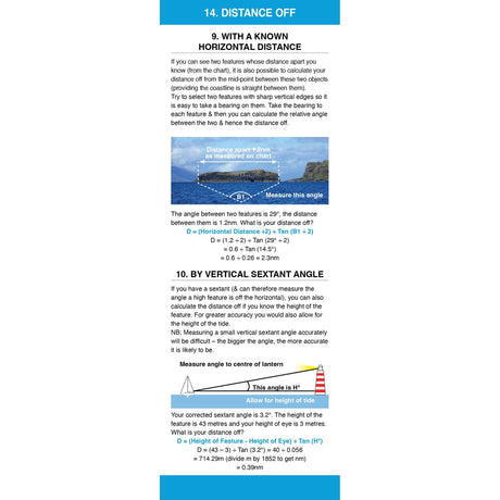 The Nautical Calculation Companion by Fernhurst Books explains two coastal navigation methods—using known feature distances and sextant angles to a lighthouse—with diagrams and example nautical calculations.