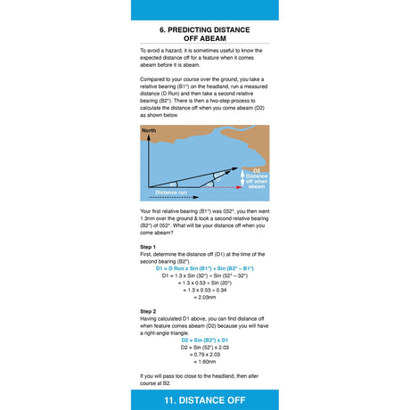 The Fernhurst Books Nautical Calculation Companion explains how to predict distance off abeam using bearings, with a headland and triangle diagram and step-by-step instructions for calculating distance with bearings B1 and B2.