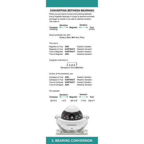 The Nautical Calculation Companion from Fernhurst Books features a chart explaining conversion between compass, magnetic, and true bearings with clear examples. A Garmin compass is pictured at the bottom for reference.