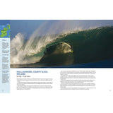 A surfer rides a massive wave at Mullaghmore, Ireland, with sunlight on the spray. On the left are text and a small map; an article about surfing appears below. Featured in: Ultimate Surfing Adventures by Fernhurst Books.