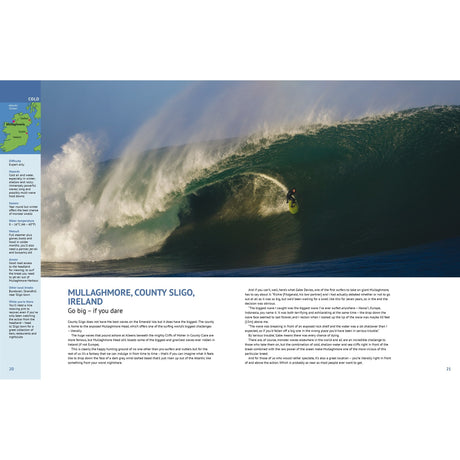 A surfer rides a massive wave at Mullaghmore, Ireland, with sunlight on the spray. On the left are text and a small map; an article about surfing appears below. Featured in: Ultimate Surfing Adventures by Fernhurst Books.