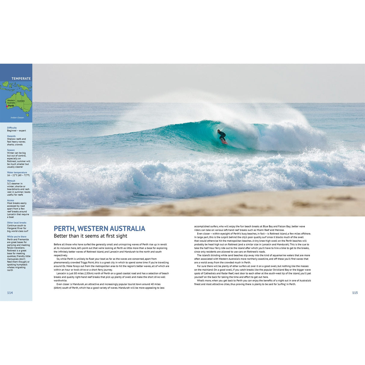 A surfer rides a turquoise wave near Perth’s sandy beach, one of Australia’s top surfing spots, as featured in "Ultimate Surfing Adventures" by Fernhurst Books. Clear skies and frothy waves complete this idyllic scene.