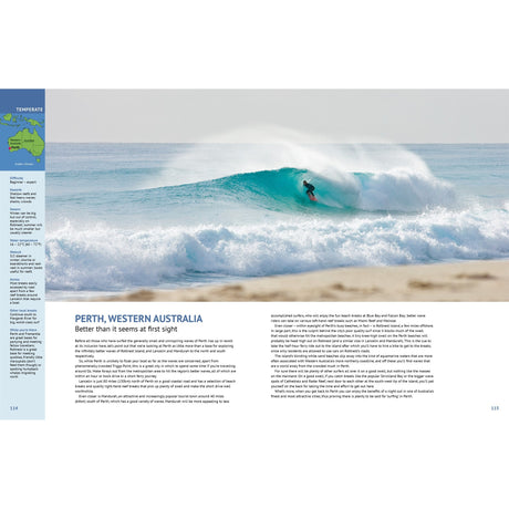 A surfer rides a turquoise wave near Perth’s sandy beach, one of Australia’s top surfing spots, as featured in "Ultimate Surfing Adventures" by Fernhurst Books. Clear skies and frothy waves complete this idyllic scene.