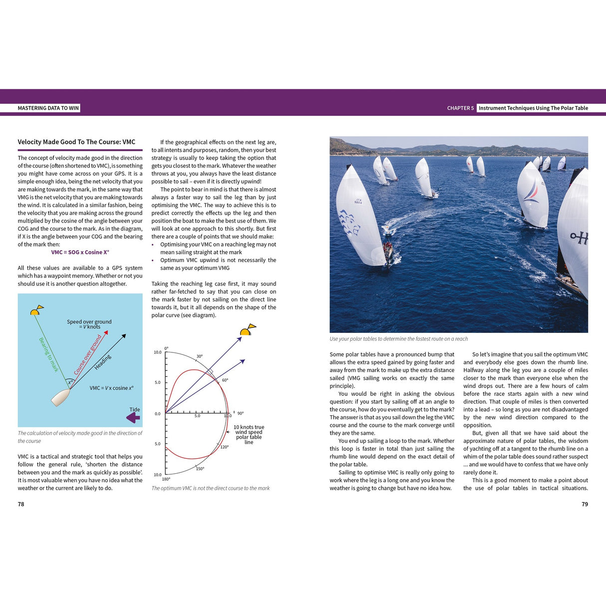 On the right page of "Mastering Data To Win" by Fernhurst Books, sailboats race on blue water; the left page features diagrams and text explaining sailing techniques, yacht instruments, and data analysis for racing.
