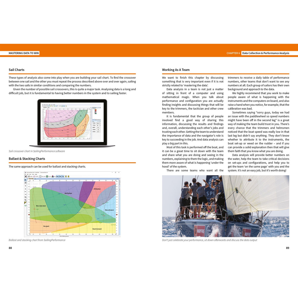 A two-page spread from "Mastering Data To Win" by Fernhurst Books: the left page displays a labeled sailing performance chart beside a laptop with data analysis, while the right shows a sailing team in action on their boat.