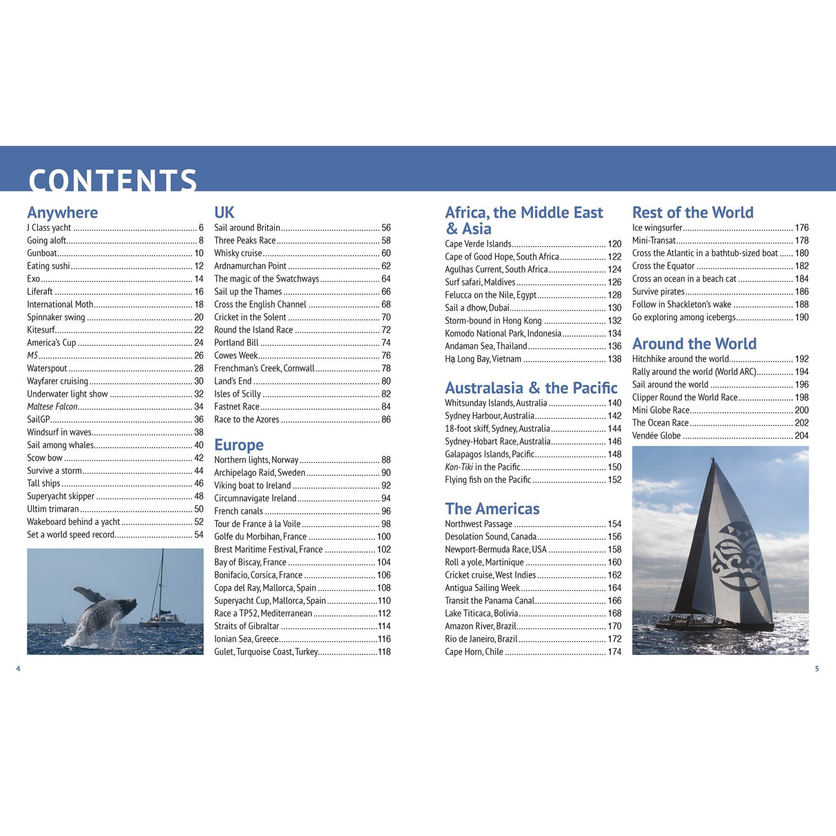 Table of contents page from "Ultimate Sailing Adventures" by Fernhurst Books, listing regional sections—UK, Europe, Africa, Middle East & Asia, Australasia & Pacific, Americas, and beyond—with page numbers for top sailing adventures.