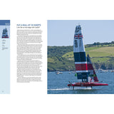 A high-speed SailGP catamaran with British flags and "GBR" sails glides on water, one hull lifted, against green hills. Discover such thrilling moments in "Ultimate Sailing Adventures" from Fernhurst Books. Text about SailGP appears on the left.