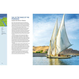 Experience Ultimate Sailing Adventures by Fernhurst Books: A classic white-sailed felucca cruises the Nile’s tranquil waters, framed by sandy hills and greenery. Text and a small map appear on the left of the image.