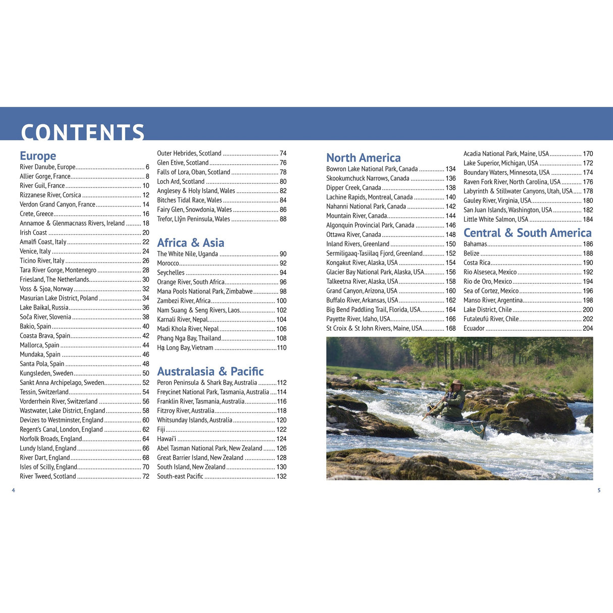 The table of contents from "Ultimate Paddling Adventures" by Fernhurst Books lists top destinations by region. A bottom-right photo captures a kayaker navigating whitewater rapids amid rocks and trees—a preview of thrilling paddling spots inside.
