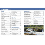 The table of contents from "Ultimate Paddling Adventures" by Fernhurst Books lists top destinations by region. A bottom-right photo captures a kayaker navigating whitewater rapids amid rocks and trees—a preview of thrilling paddling spots inside.